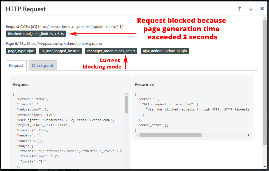 Check point shows how plugins and requests effect page time and memory usage.