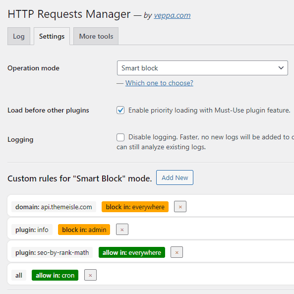 Select operation mode to fit your need. Only blocking modes will speed up WordPress admin pages. Be aware that blocking modes may break functionality of some plugins that rely on external API requests.