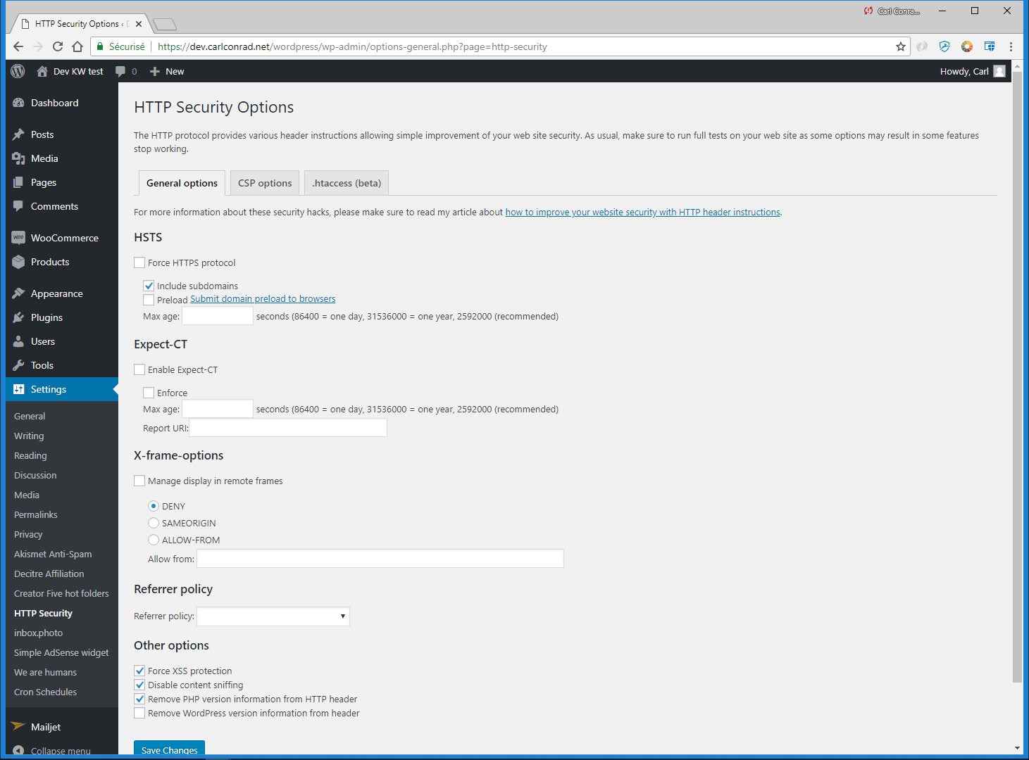General settings screen.