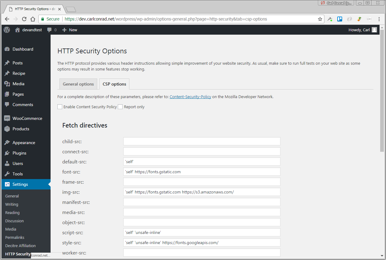 Content-Security-Policy directives settings screen.