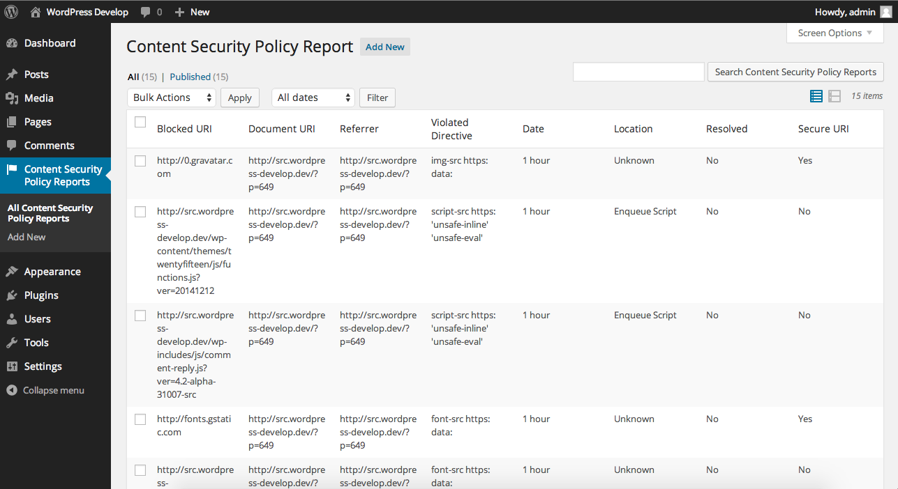 Content Security Policy reports are collected in the Content Security Policy Reports list table.