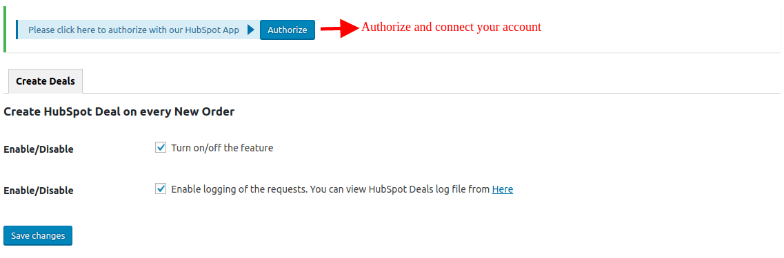 Authorizing and connecting HubSpot account with the extension.