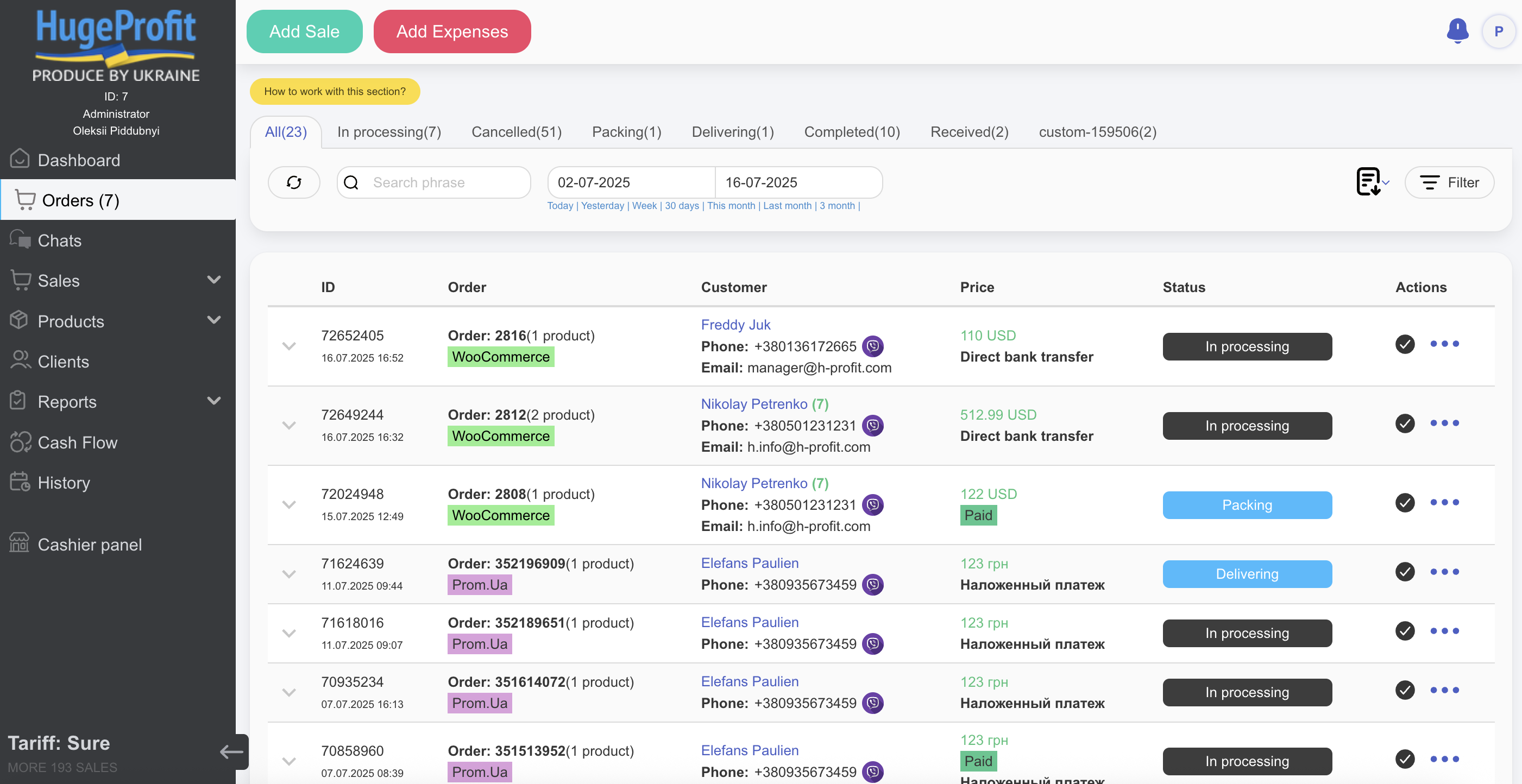 Orders section — synchronized orders from WordPress and other marketplaces like Prom.ua and Rozetka.