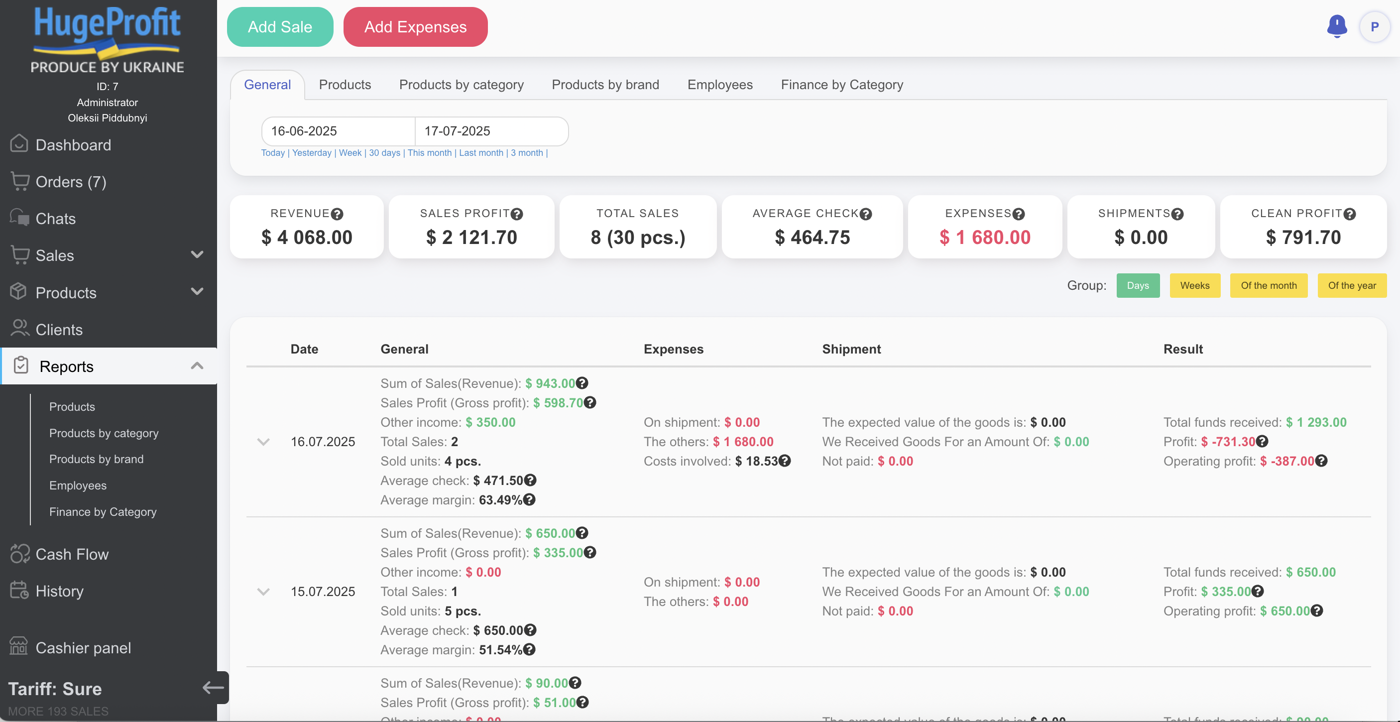 Advanced profit reports — detailed breakdowns by product, category, and order.