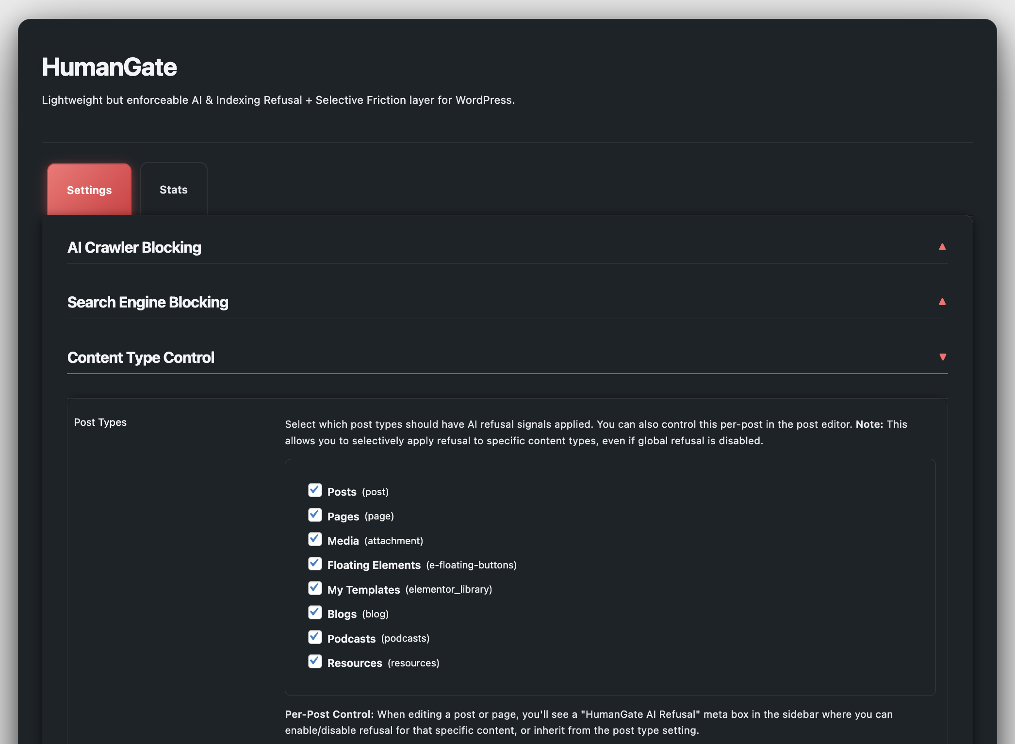 Statistics dashboard with blocked crawler requests, top blocked user agent, top category, and "Blocked by Reason" table with tooltips