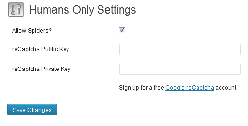 Settings page where you can turn on/off spiders and enter the reCAPTCHA keys.