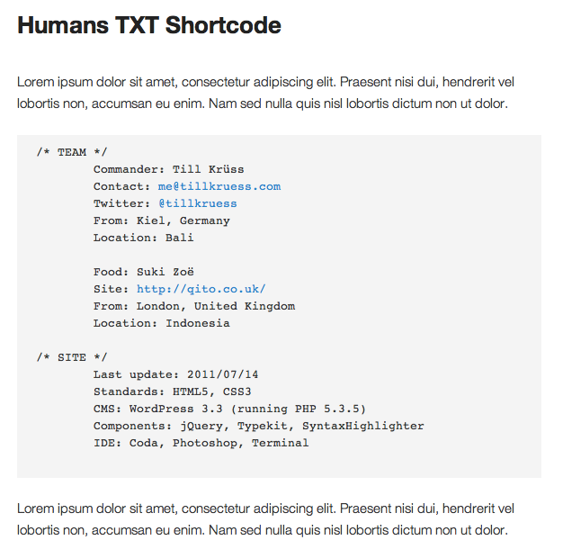 Shortcode result using `pre` attribute. (Theme: Twenty Eleven)