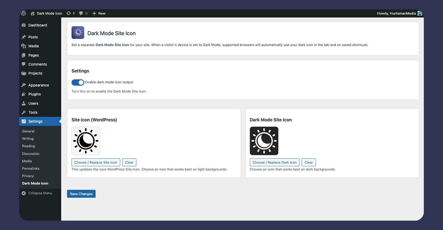 Actual Dark Mode Site Icon settings screen in the WordPress admin, where the dark mode icon is uploaded and managed.