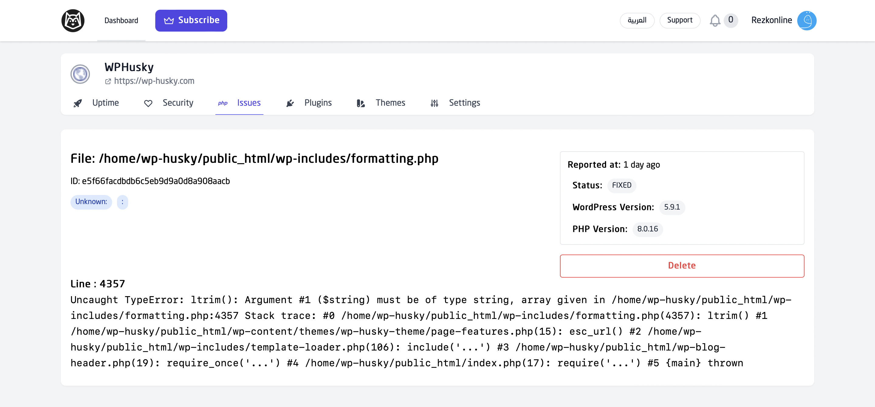 Details for logged PHP Errors