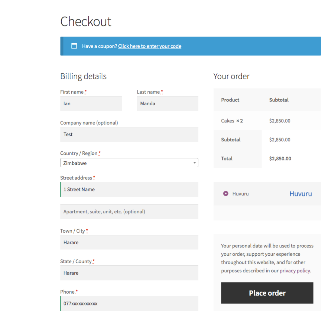 Huvuru WooCommerce Payment Gateway Checkout Page