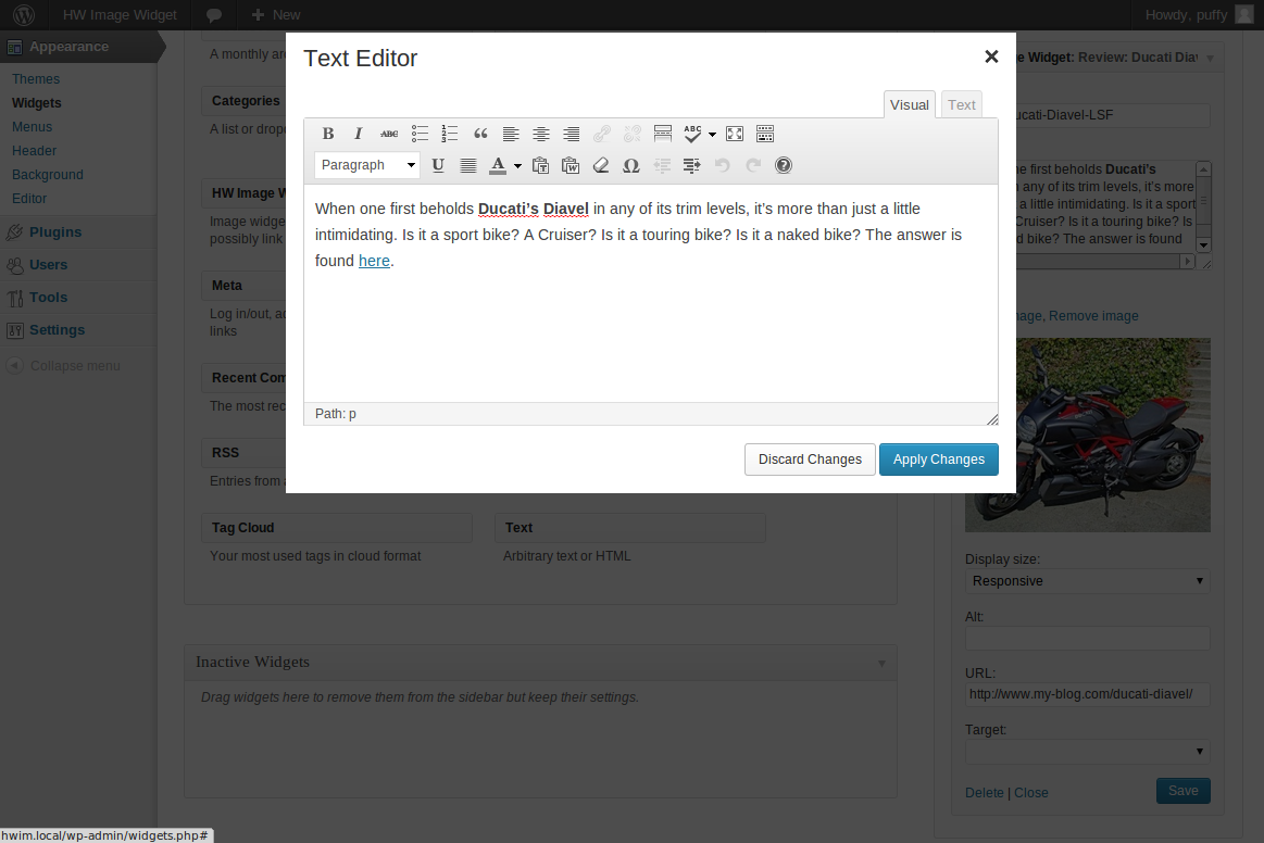 Editing image text using TinyMCE for rich text editing.