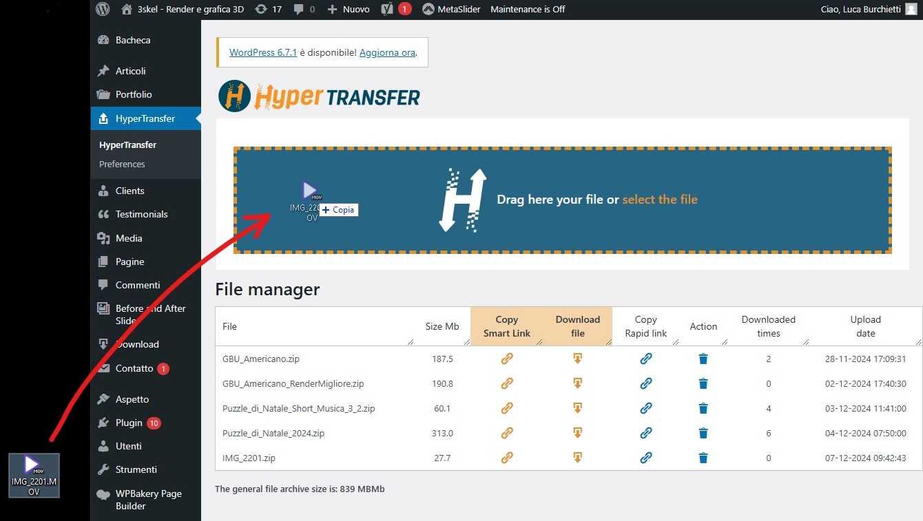 HyperTransfer Admin Bar Addition in action - Drag to upload