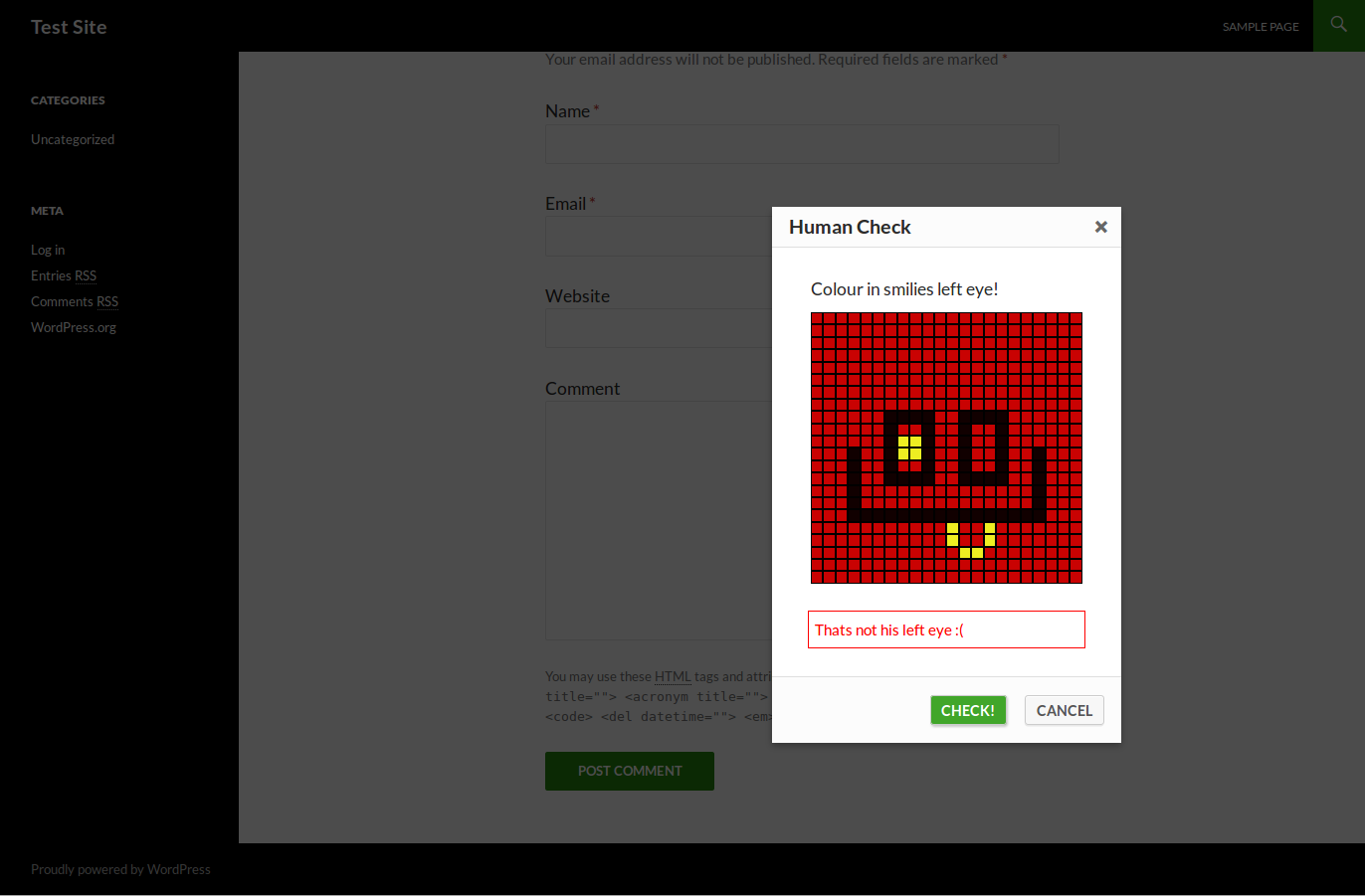 After the user has clicked a couple of cells, then clicks a customisable error message is displayed.