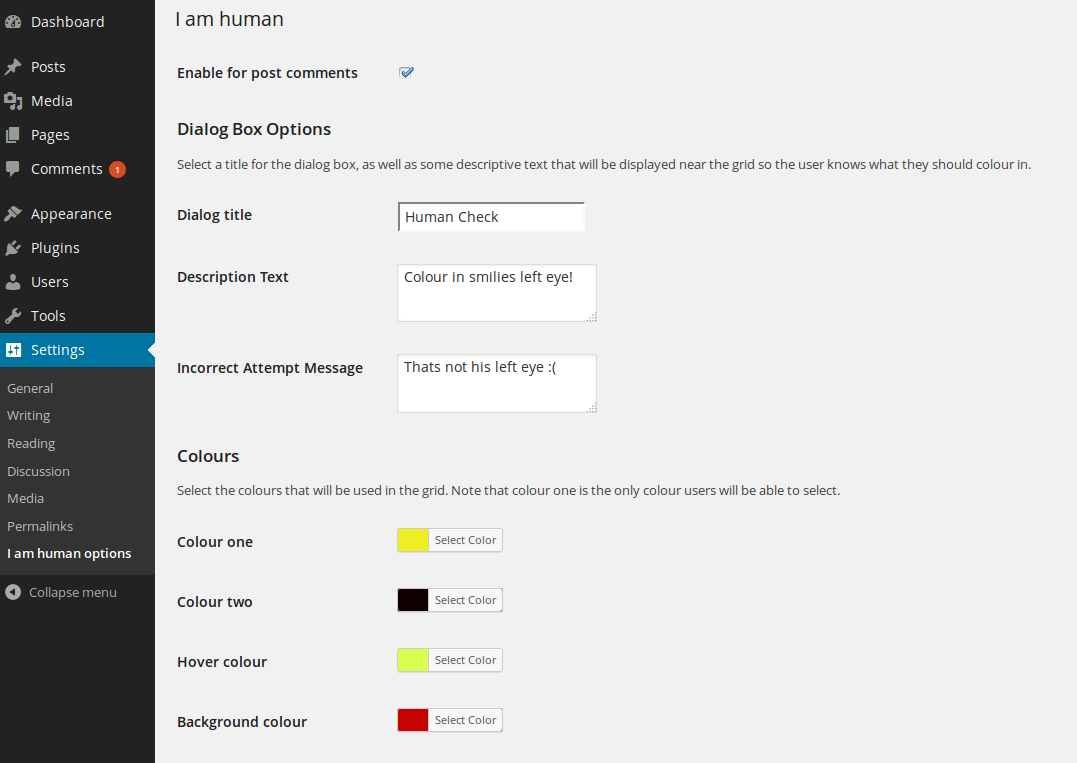 The admin section, where you can define grid colours, dialog title and error message.