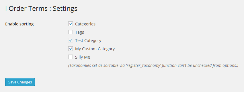 Settings section where you can select which taxonomy should be sortable.