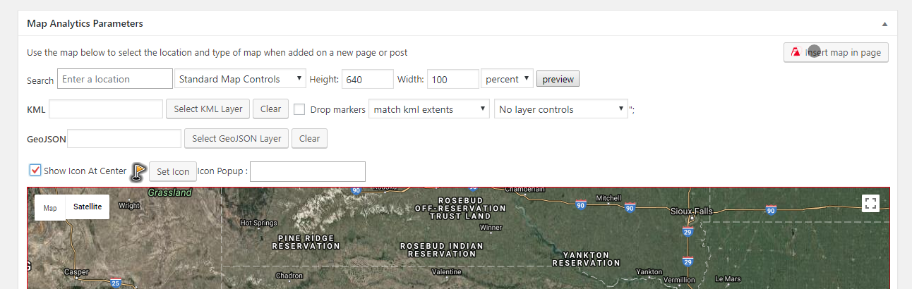 Parameter panel shows provides interface which can be used to control map size etc automatically when inserted to the page.