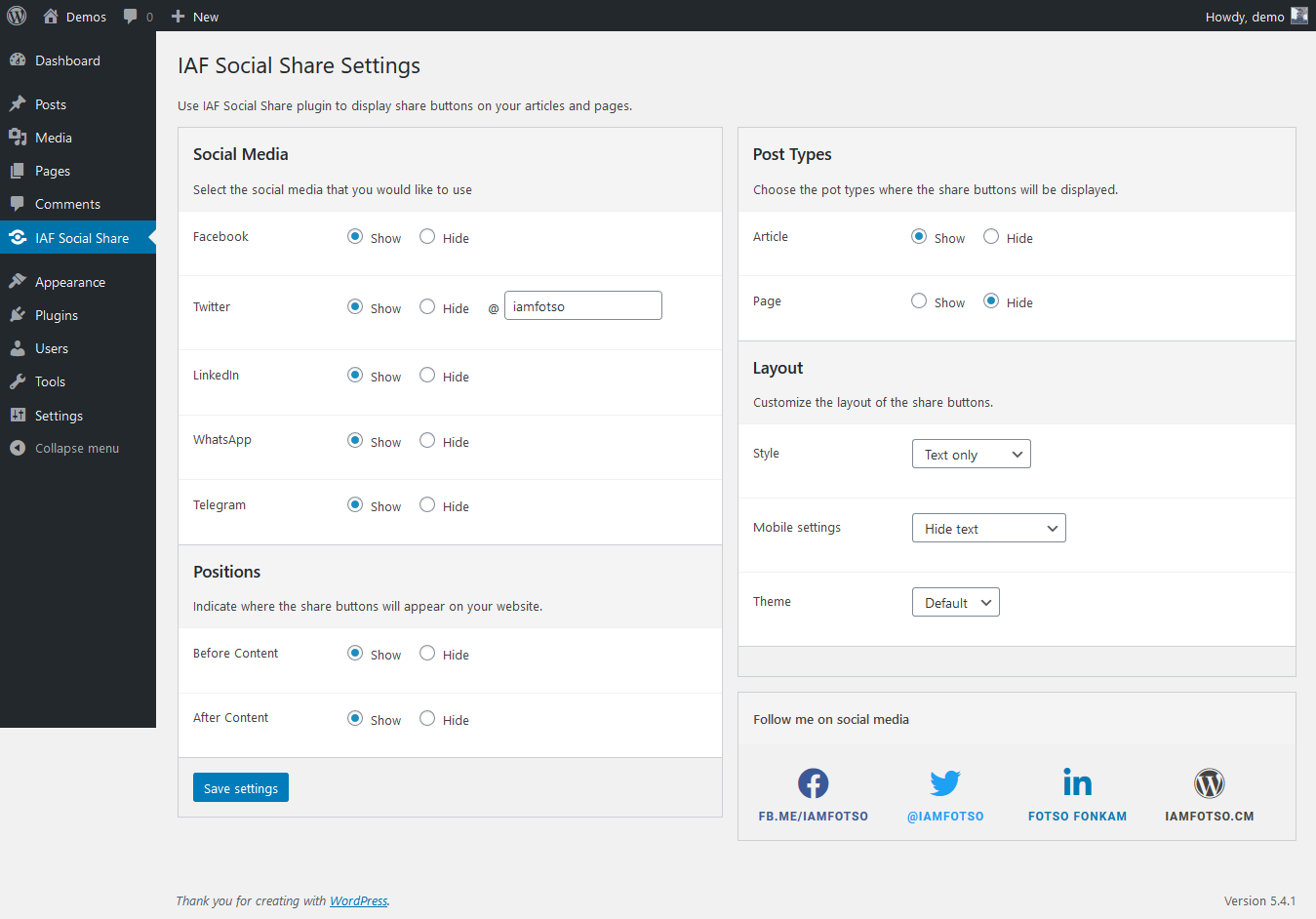 Settings page