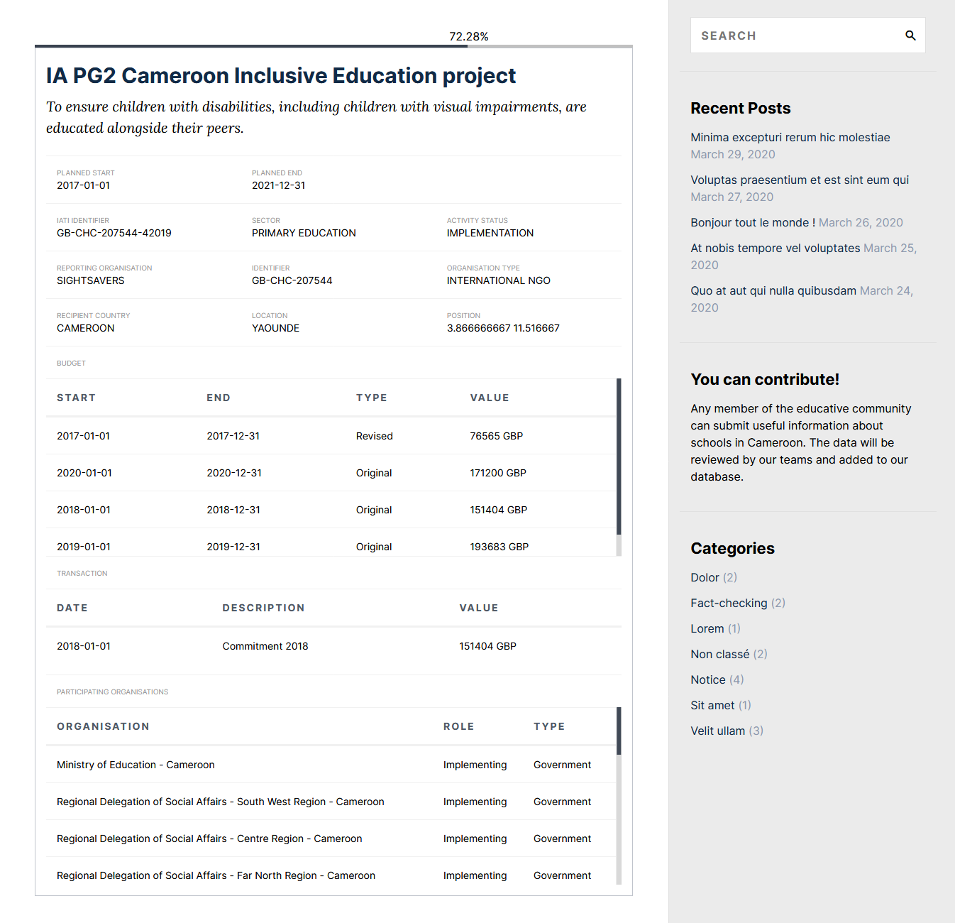 Project data displayed via shortcode