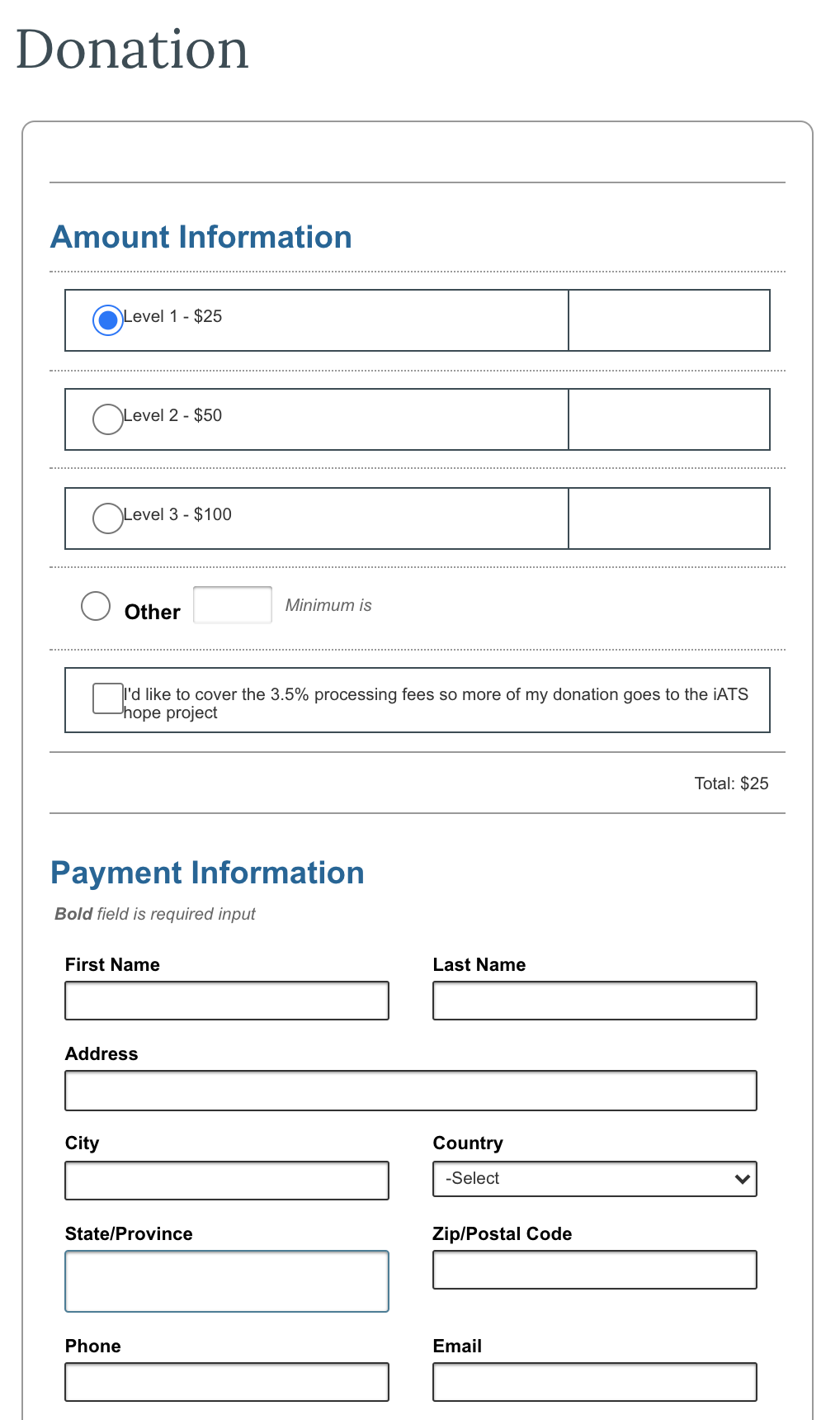 Sample of an iATS Online Forms donation form.