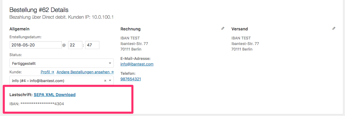 Admin order view with SEPA Direct Debit XML download