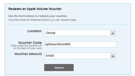 Simple app code redemption instructions with optional rotating enterprise iTunes account password