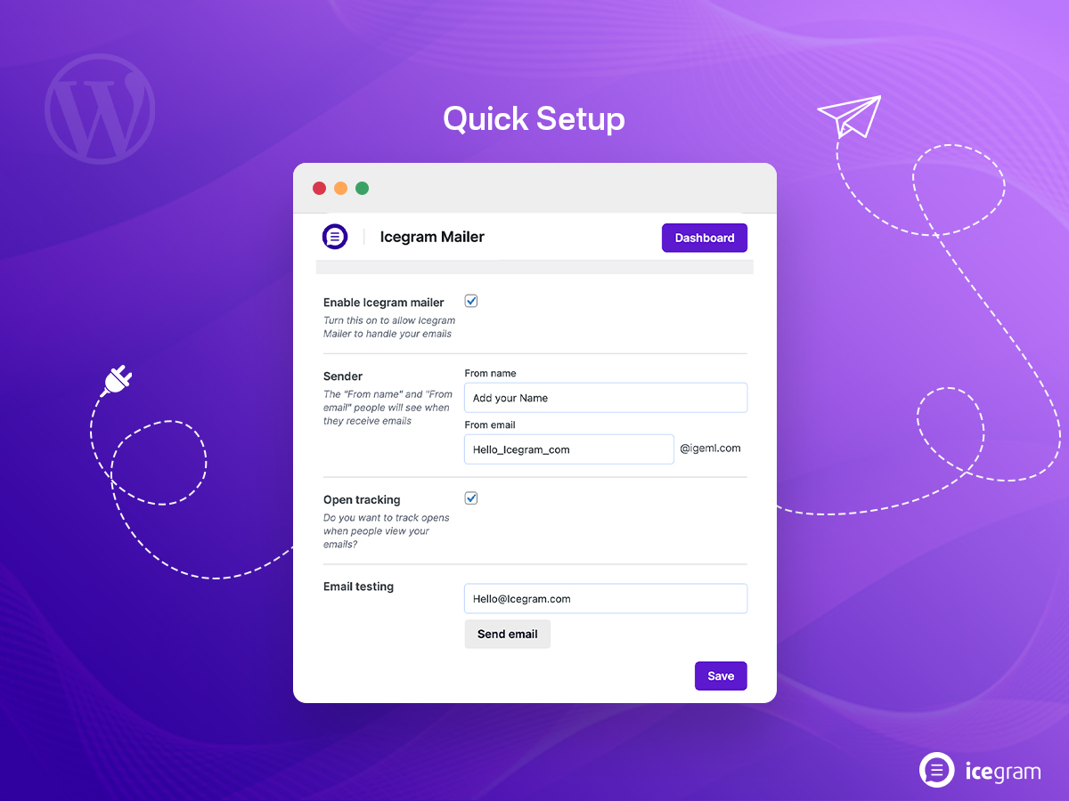 Quick Setup – Easily enable email sending, configure your sender details and start sending in seconds.