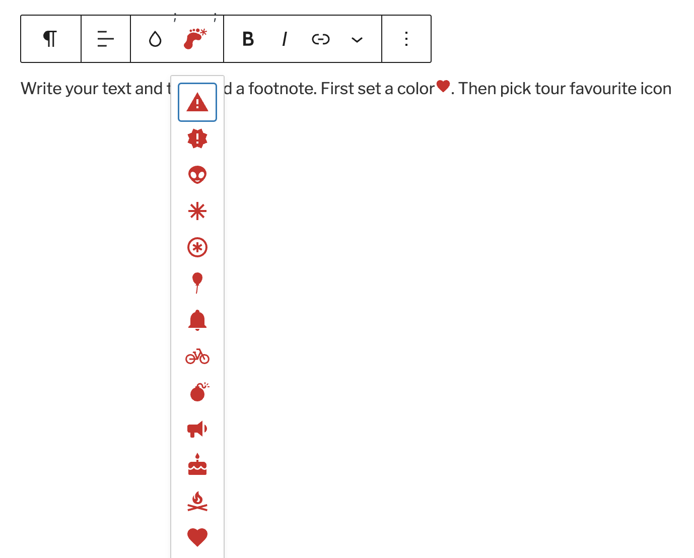 First pick the icon color (pressing the drop icon) and then select your favourite icon as footnote mark.