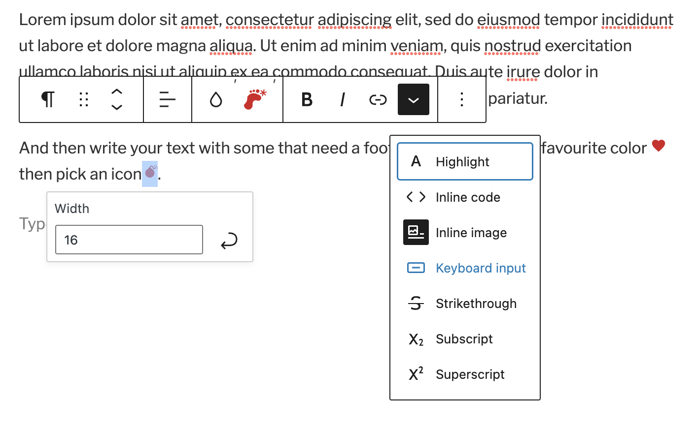 Set icon size and formatting (subscript, superscript).