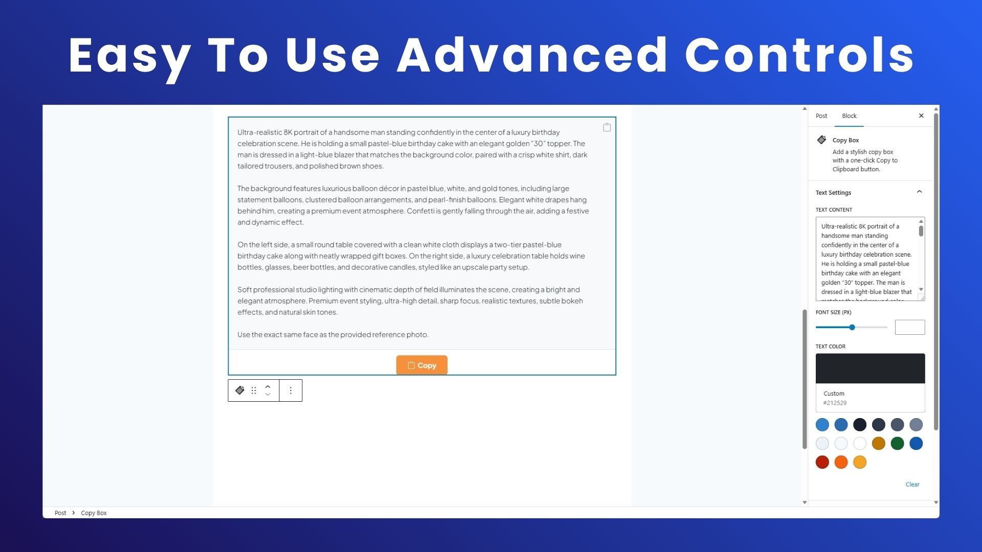 Gutenberg editor with block sidebar controls