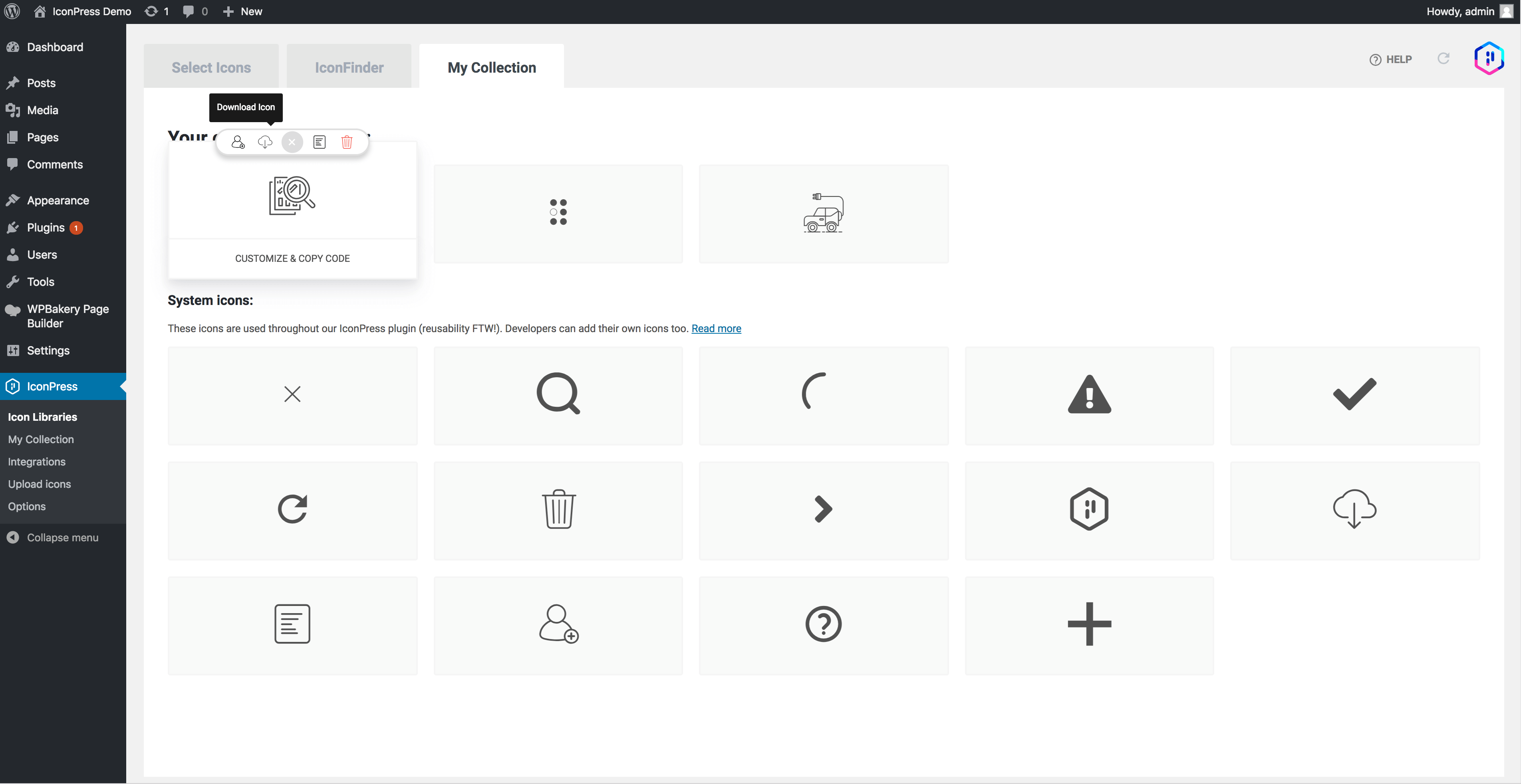 Browsing and inserting icon in WPBakery Page builder IconPress element