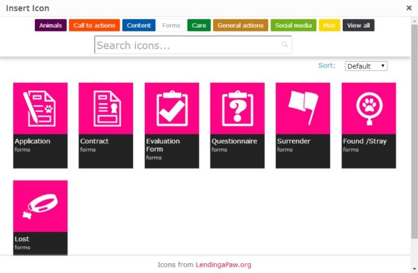 Icons are sorted by categories: Animals | Call to actions | Content | Forms | Care | General actions | Social Media | Miscellaneous