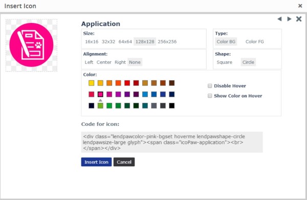 Click on the icon you want, and edit its color, shape, size, alignment. Then click on insert icon to place it into your WordPress page/post.