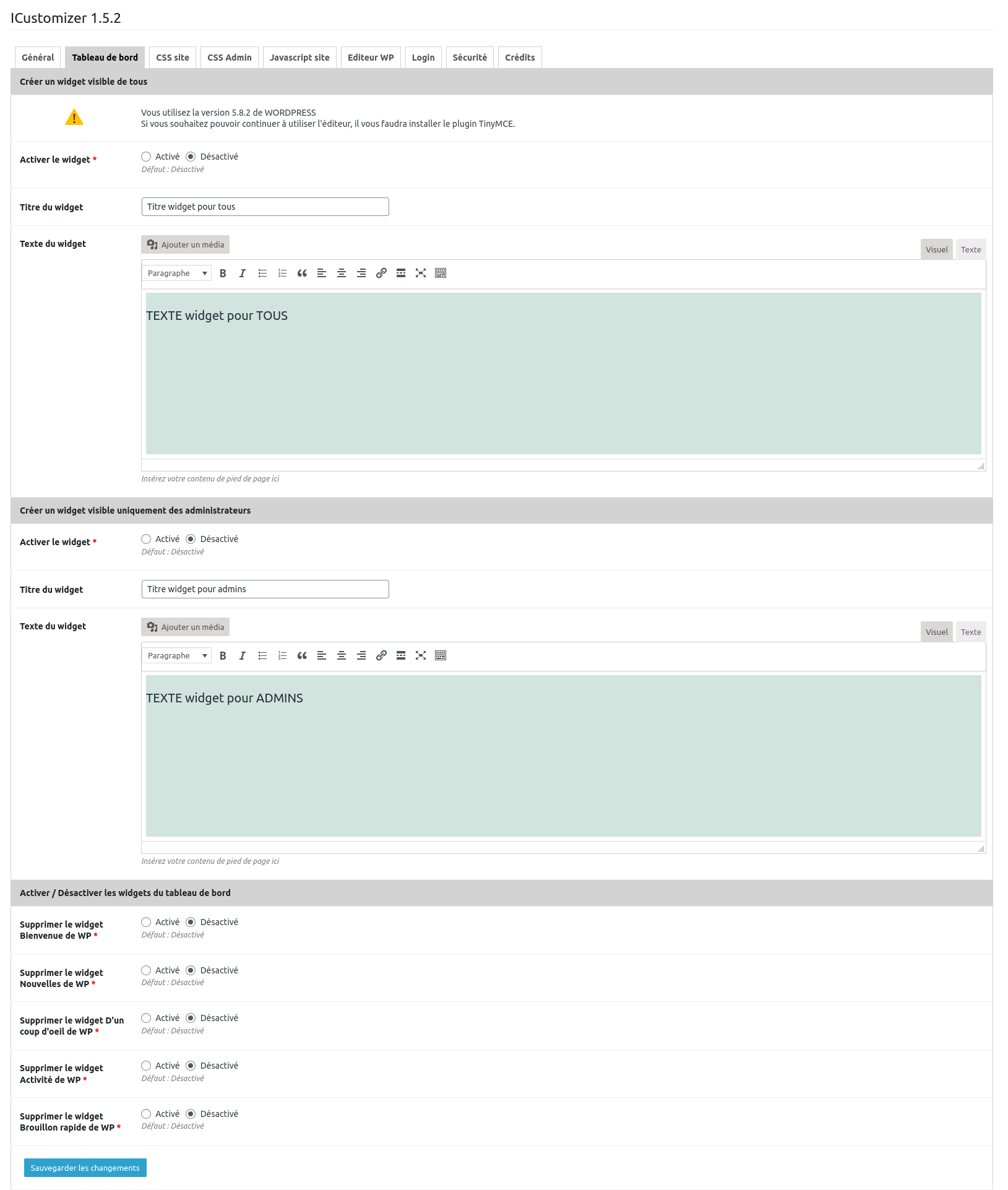 icustomizer dashboard admin WP