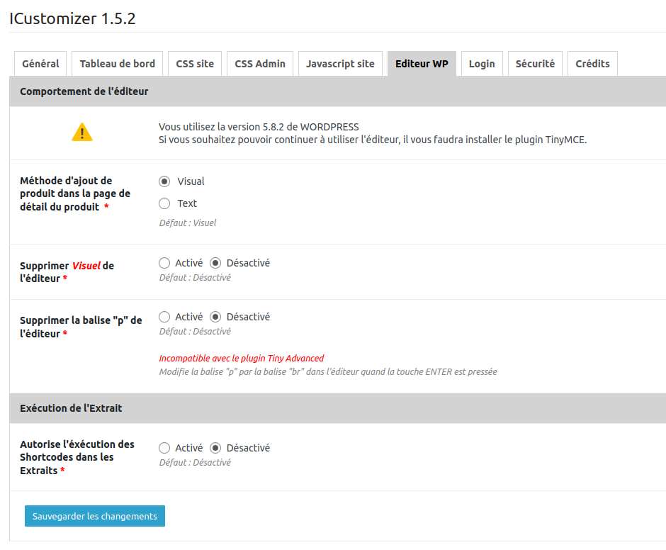 icustomizer wp editor behaviors