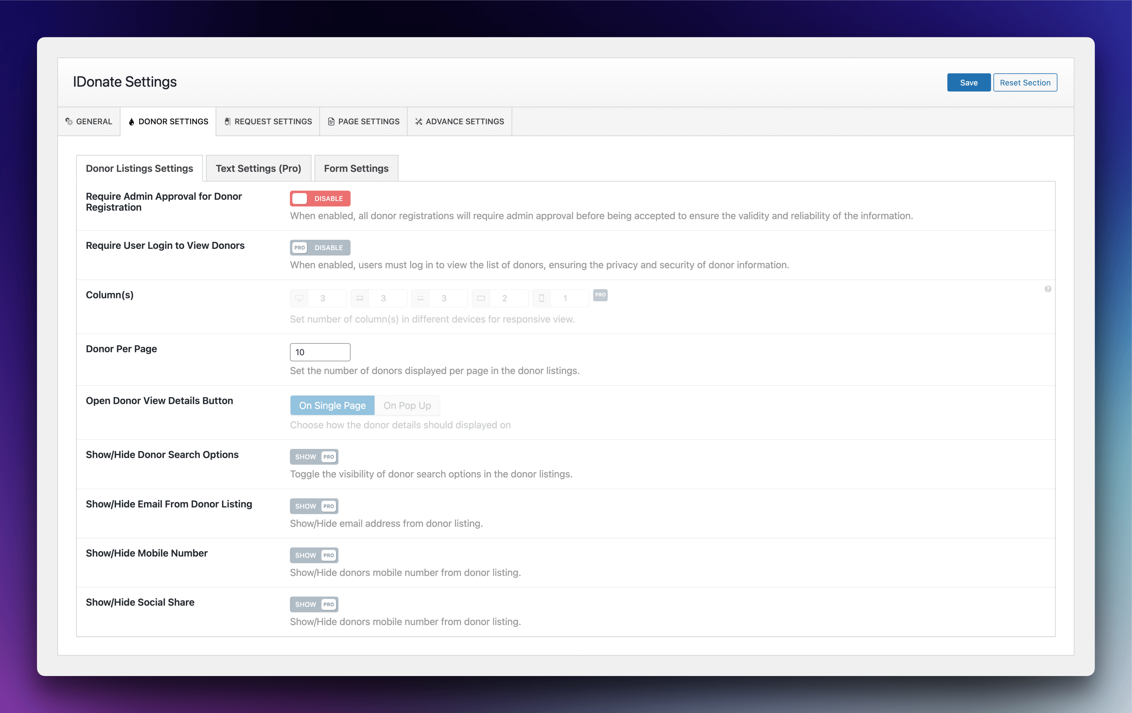 Dashboard Settings Page