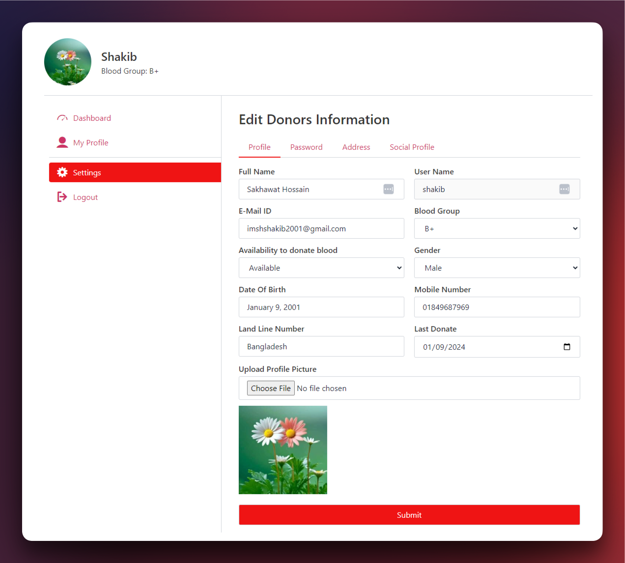 Dashboard Settings Request Settings