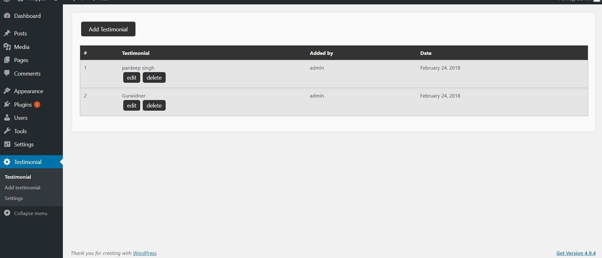 Dashboard of Testimonial Page
