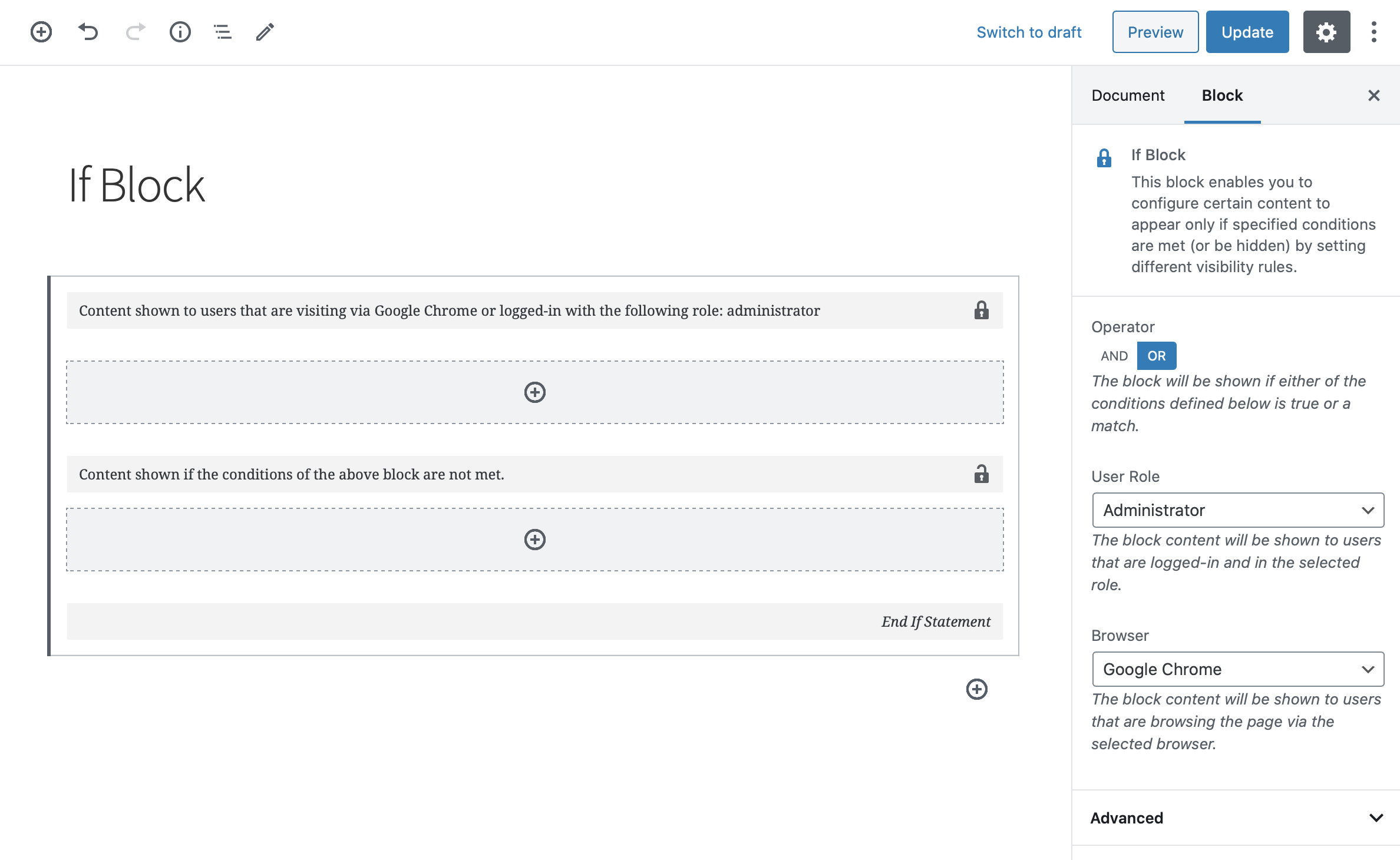 Configuring block content to appear only if specified conditions are met.