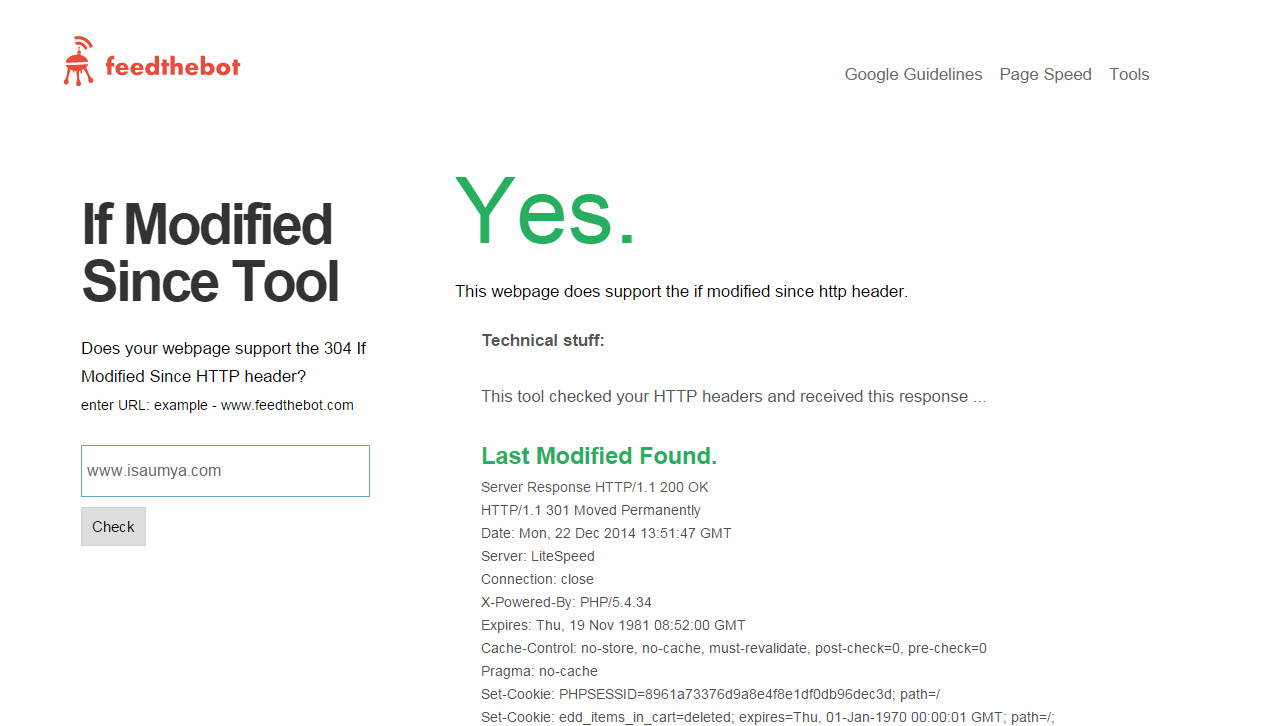Screenshot of FeedTheBot If Modified Header Testing Tool.