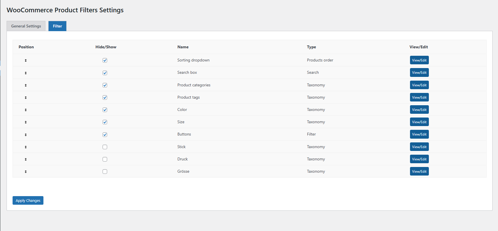 Filter Settings Section