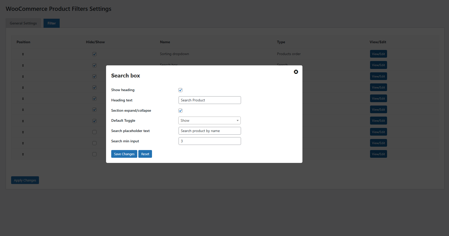 Filter Settings Section Search Box Popup