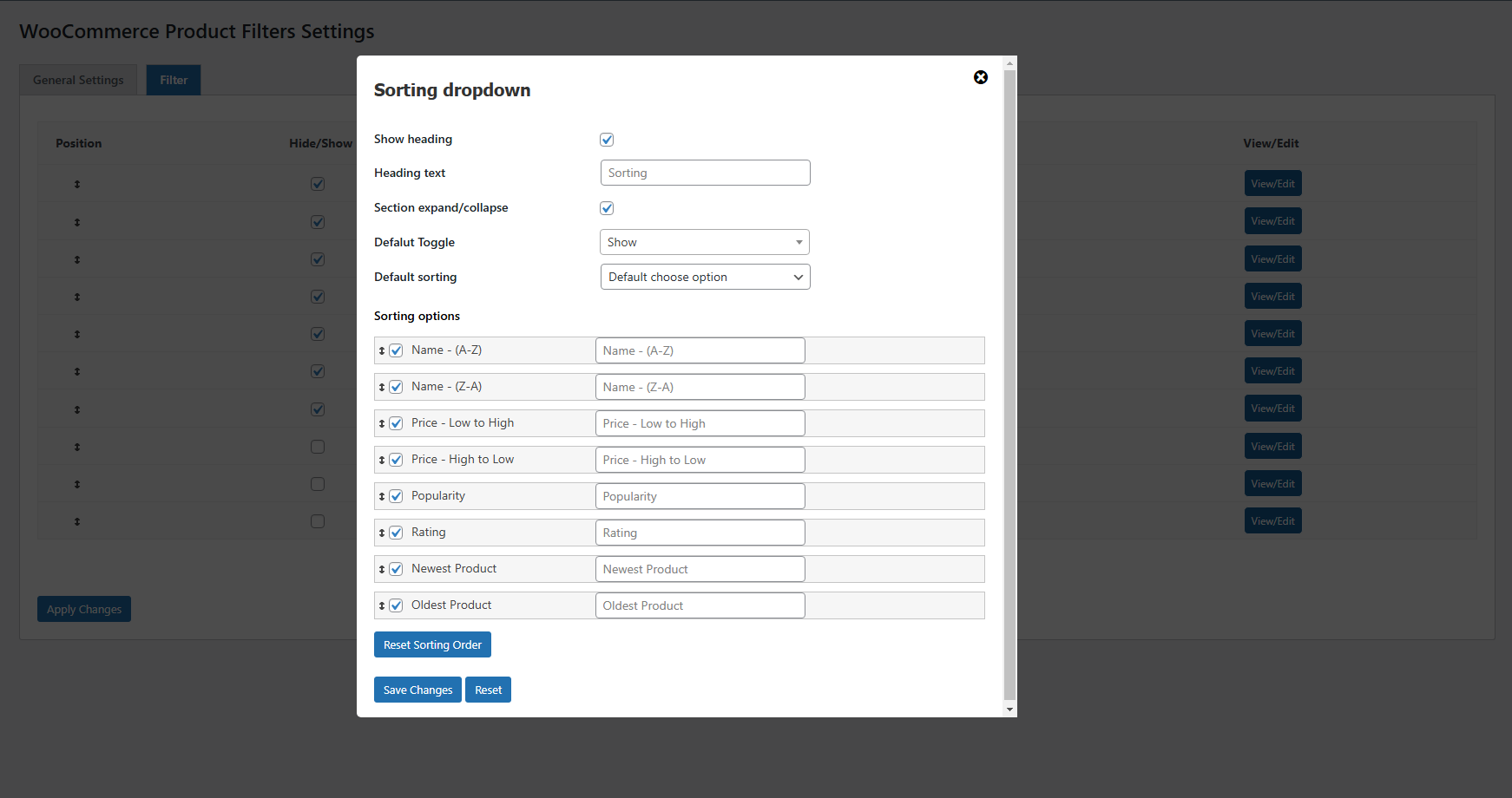 Filter Settings Section Sorting Dropdown Popup