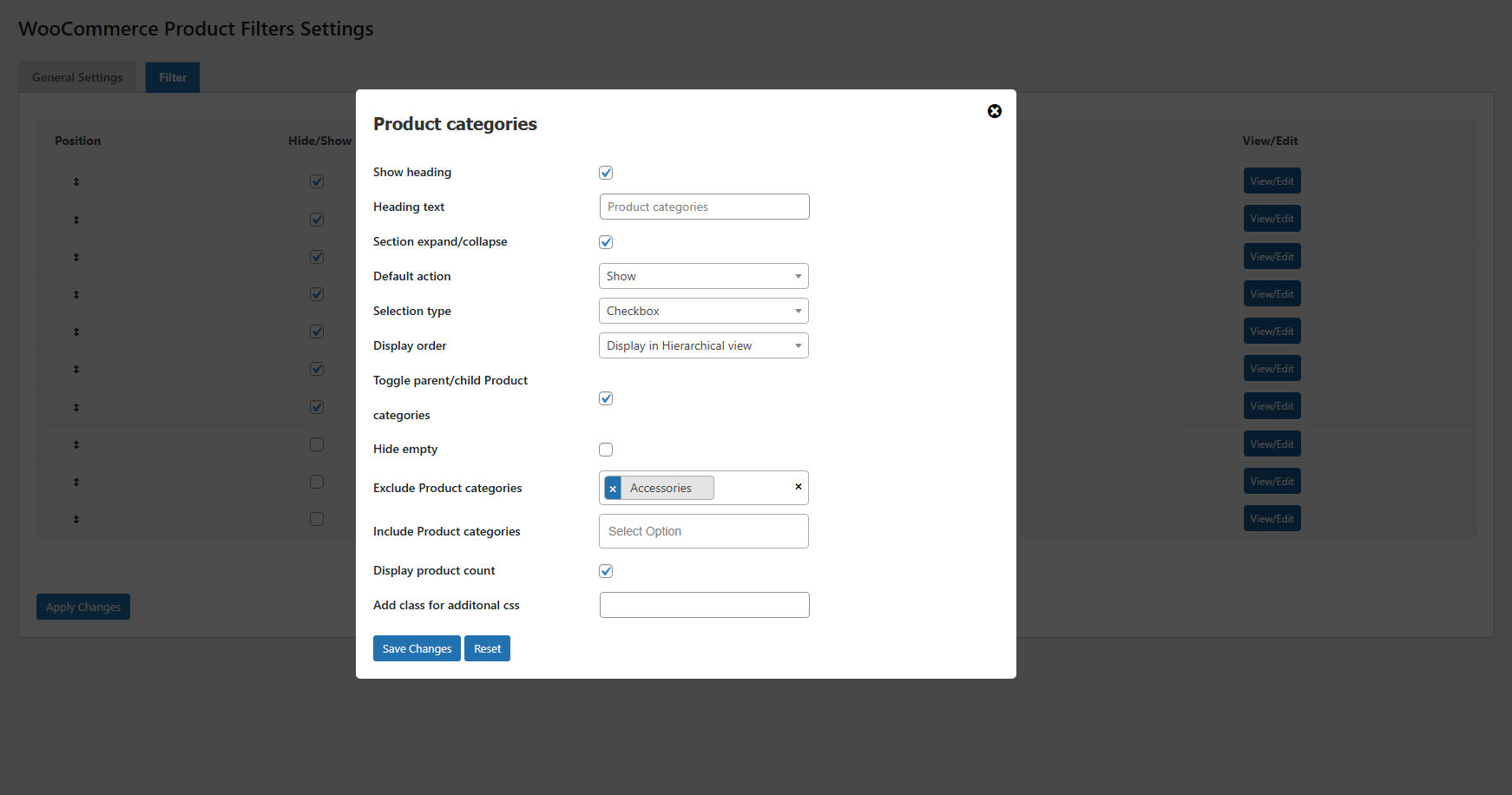 Filter Settings Section Product Categories Popup