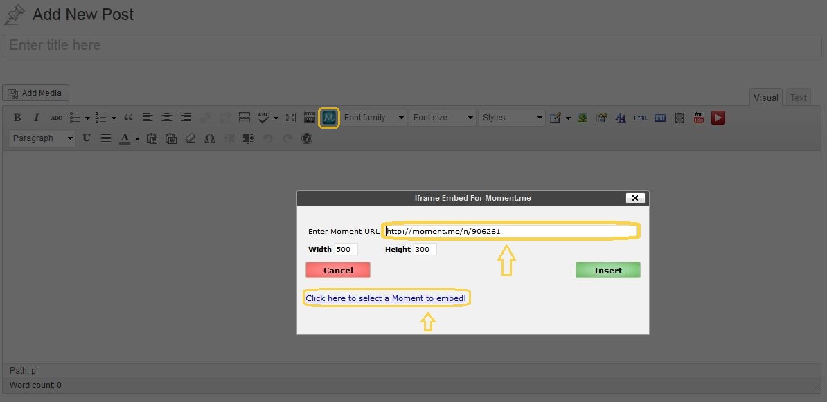 Quicktag button on Post/Page editor to insert the iframe for Moment.me .