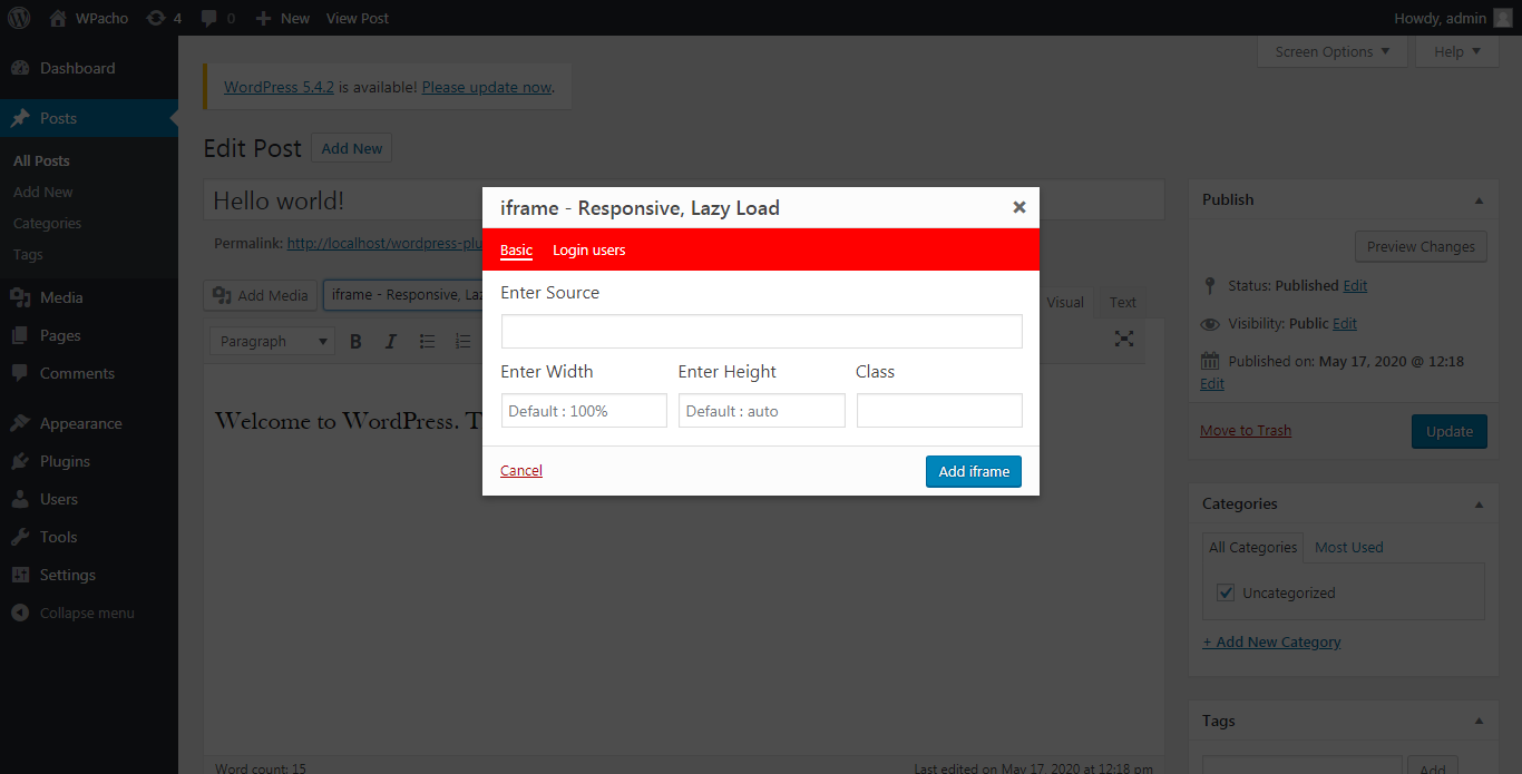 Media button to add in shortcode.