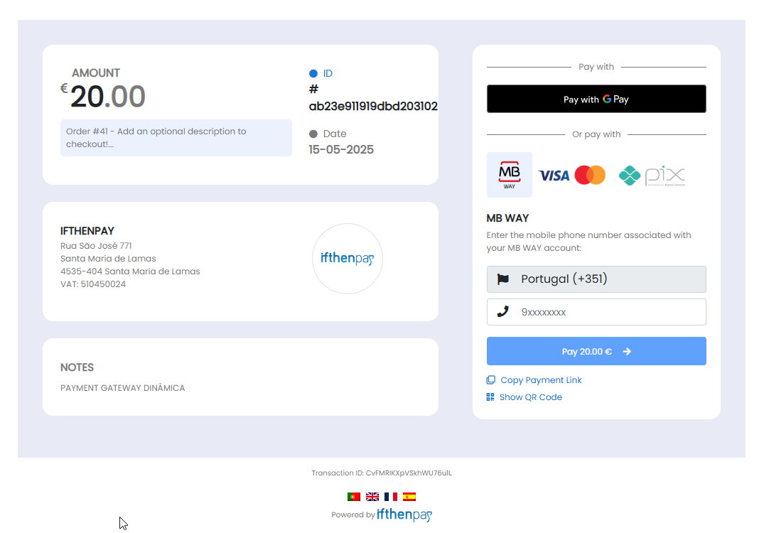 (Customers Experience) ifthenpay secure payment (for invoices or orders) screen.