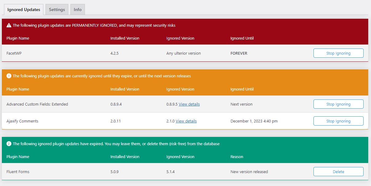 The "Ignored Updates" management page