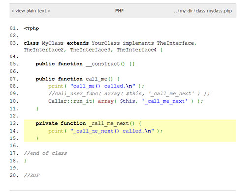 Example display of syntax highlighted PHP code