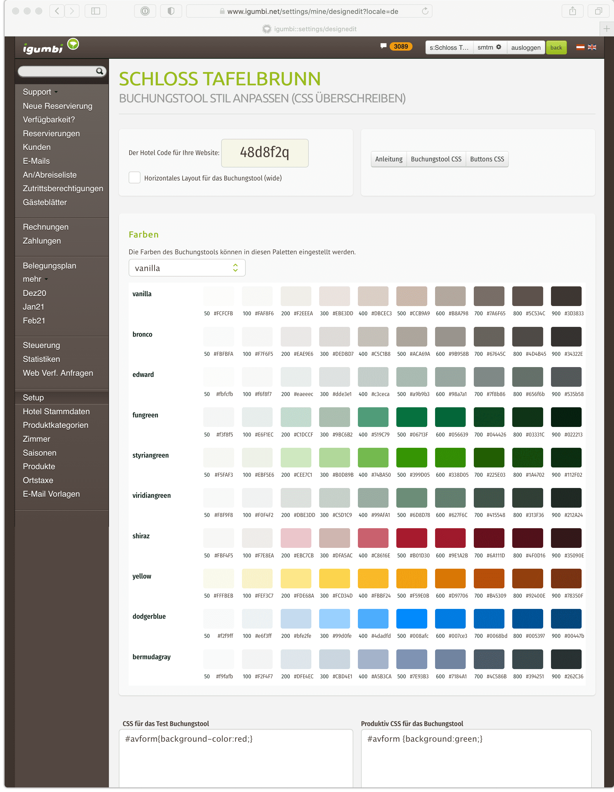 Get the hotel code and set the color scheme in the igumbi setting page