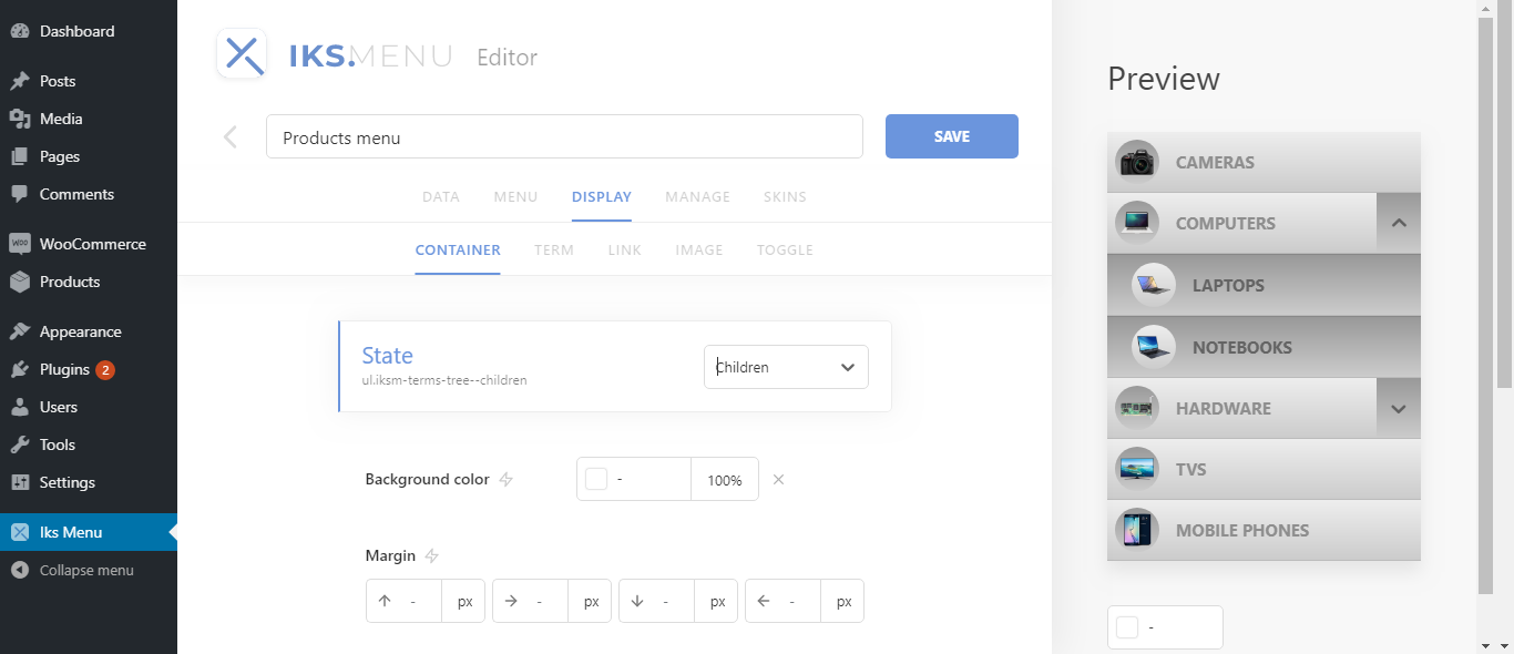 "Menu" > "Common" - settings for controlling the behavior of the menu